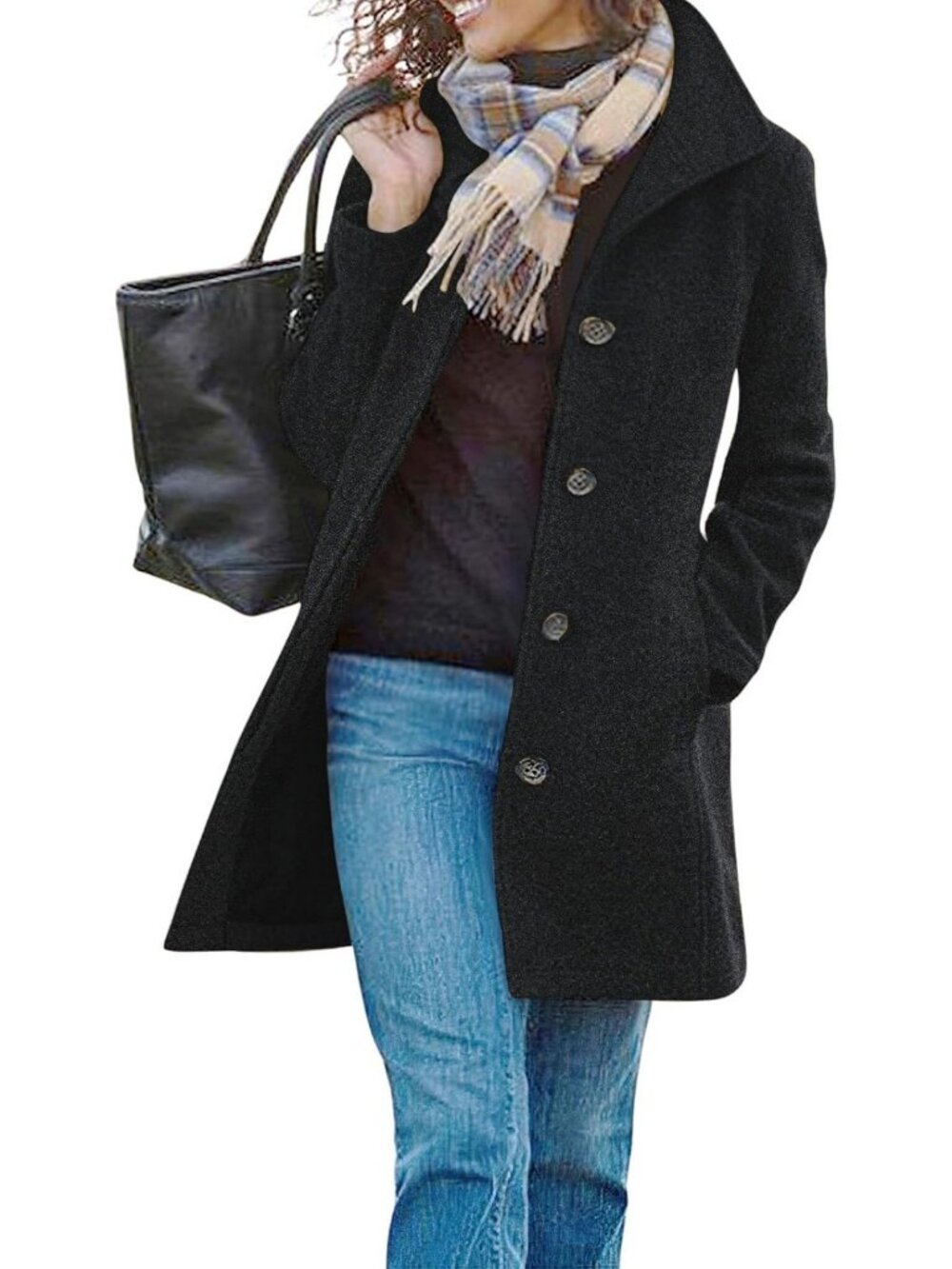 Cozy Women's Thick Wool Blend Pea Coat with Stand Collar & Single Breasted